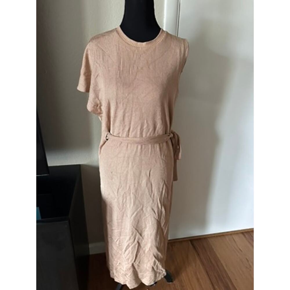 Rachel Comey Textured Midi Dress – Neutral Sand Belted Minimalist Designer Dress